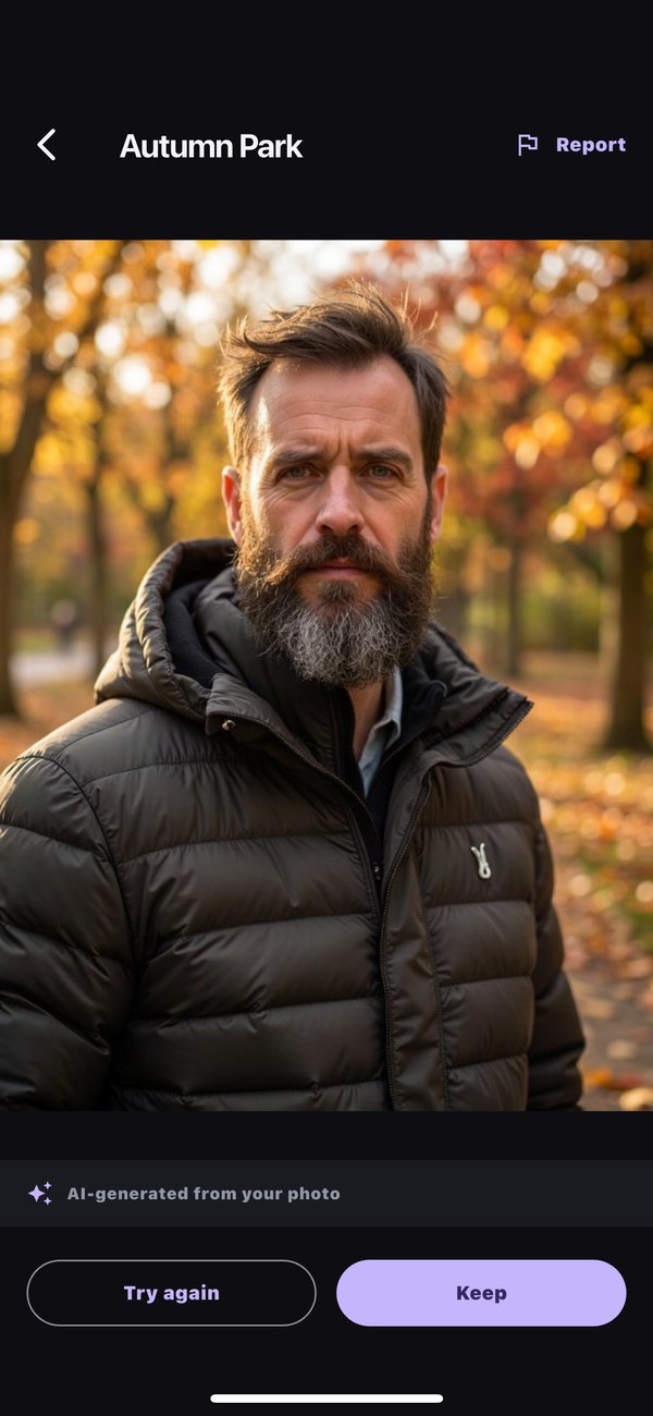 Imaji showing an AI Style result: a man placed in an autumn park, labelled AI-generated from your photo