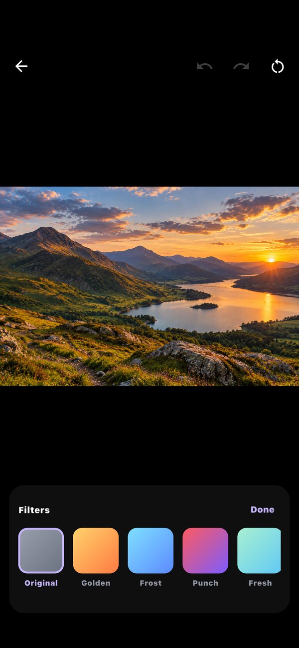 The Imaji editor with the Filters panel open over a mountain lake at sunset