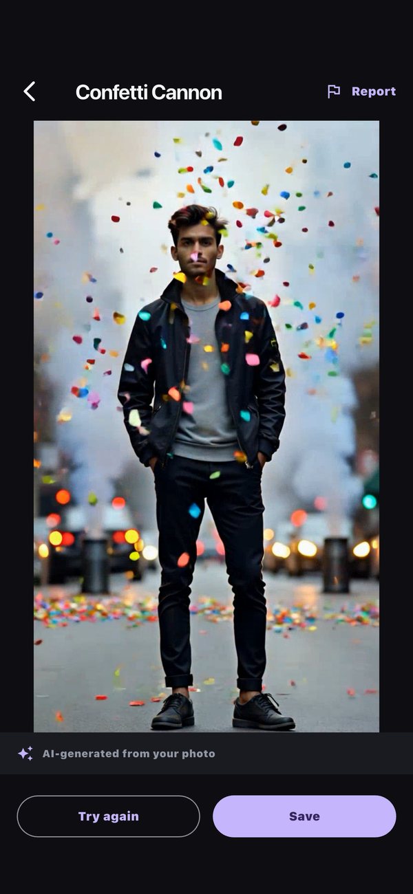 An AI Video result: confetti falling around a man on a city street